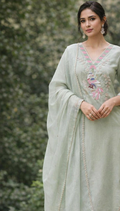 Organza Peacock Pearl handwork unstitched