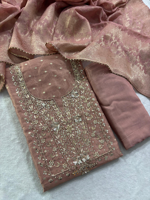 Beige Modal shimmer handwork unstitched suit set