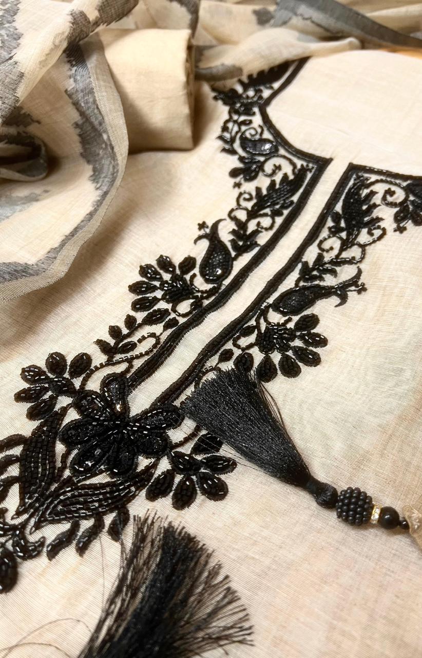 Beige Mul Chanderi Embroidered Unstitched 3-Piece Suit