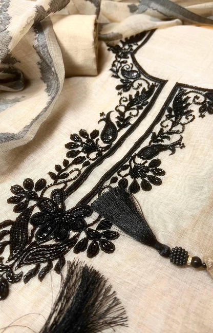 Beige Mul Chanderi Embroidered Unstitched 3-Piece Suit