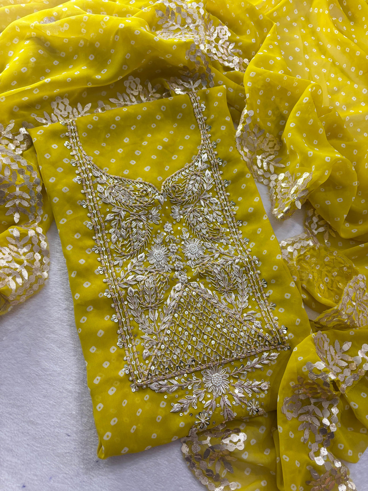 Yellow georgette handwork unstitched suit set