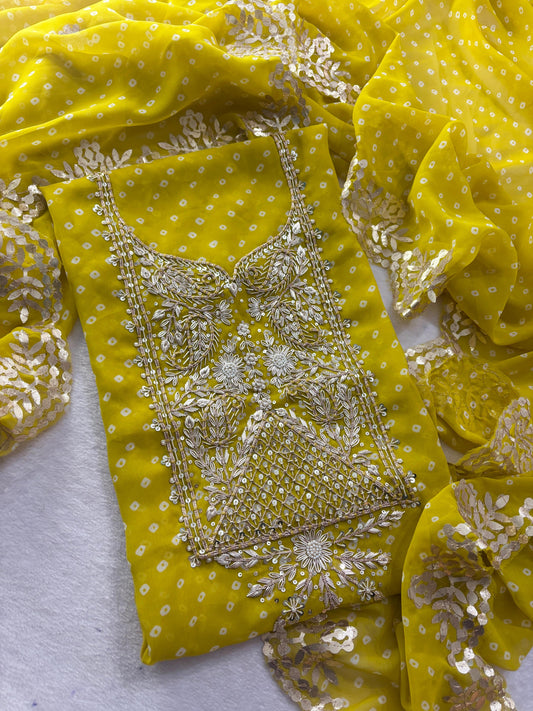Yellow georgette handwork unstitched suit set