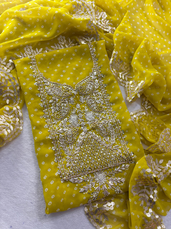 Yellow georgette handwork unstitched suit set