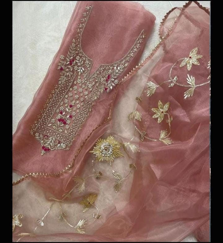 Beige Organza handwork unstitched suit set