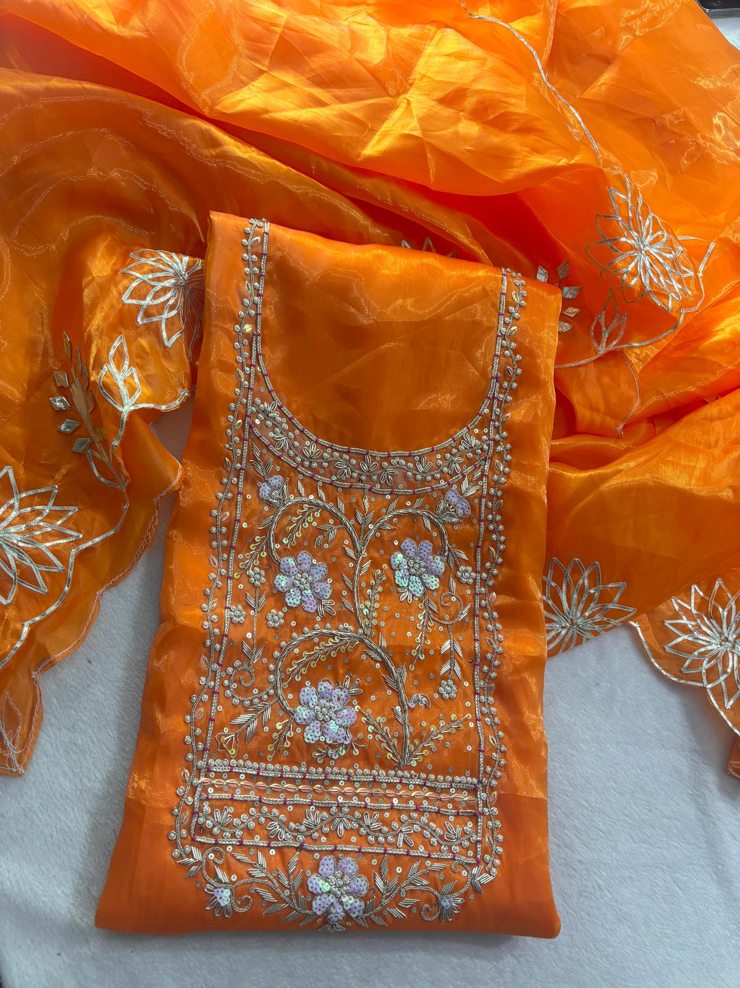 Orange Glass tissue handwork unstitched suit set
