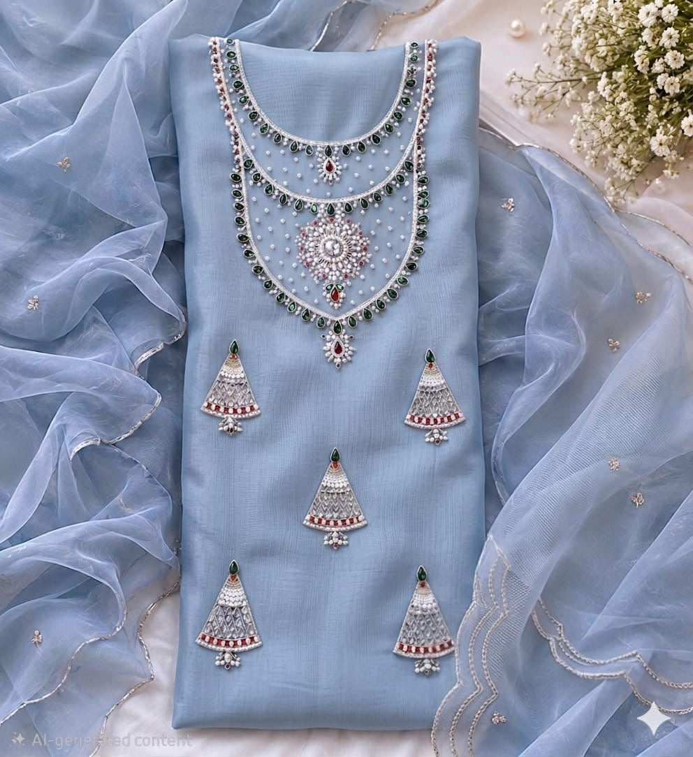 Organza heavy pearl and jewel work