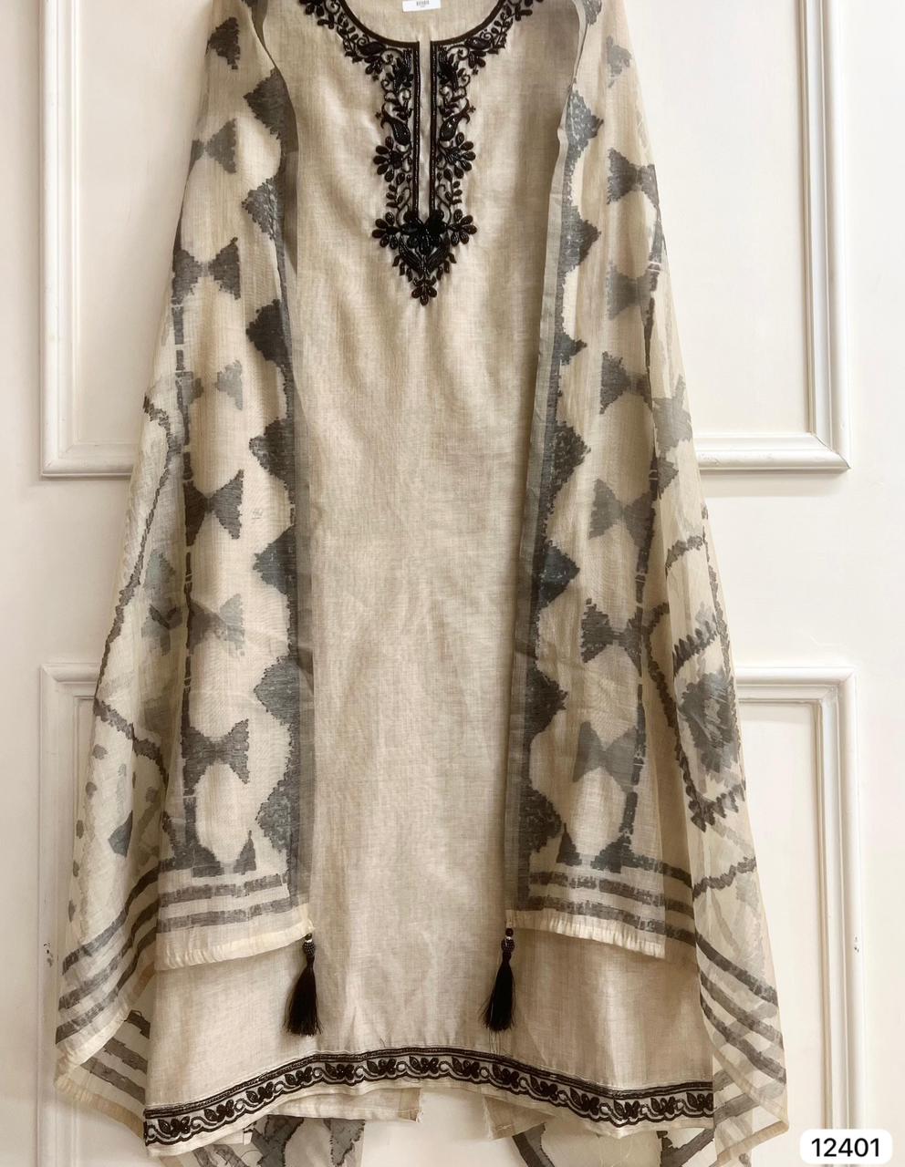 Beige Mul Chanderi Embroidered Unstitched 3-Piece Suit