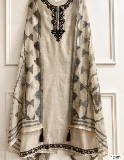 Beige Mul Chanderi Embroidered Unstitched 3-Piece Suit