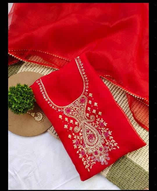 Organza Blue Orange Green handwork unstitched suit set