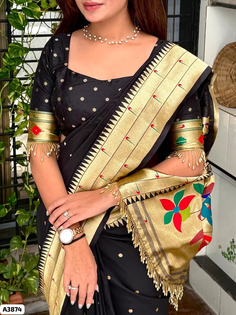 Black Paithani with latkan lace