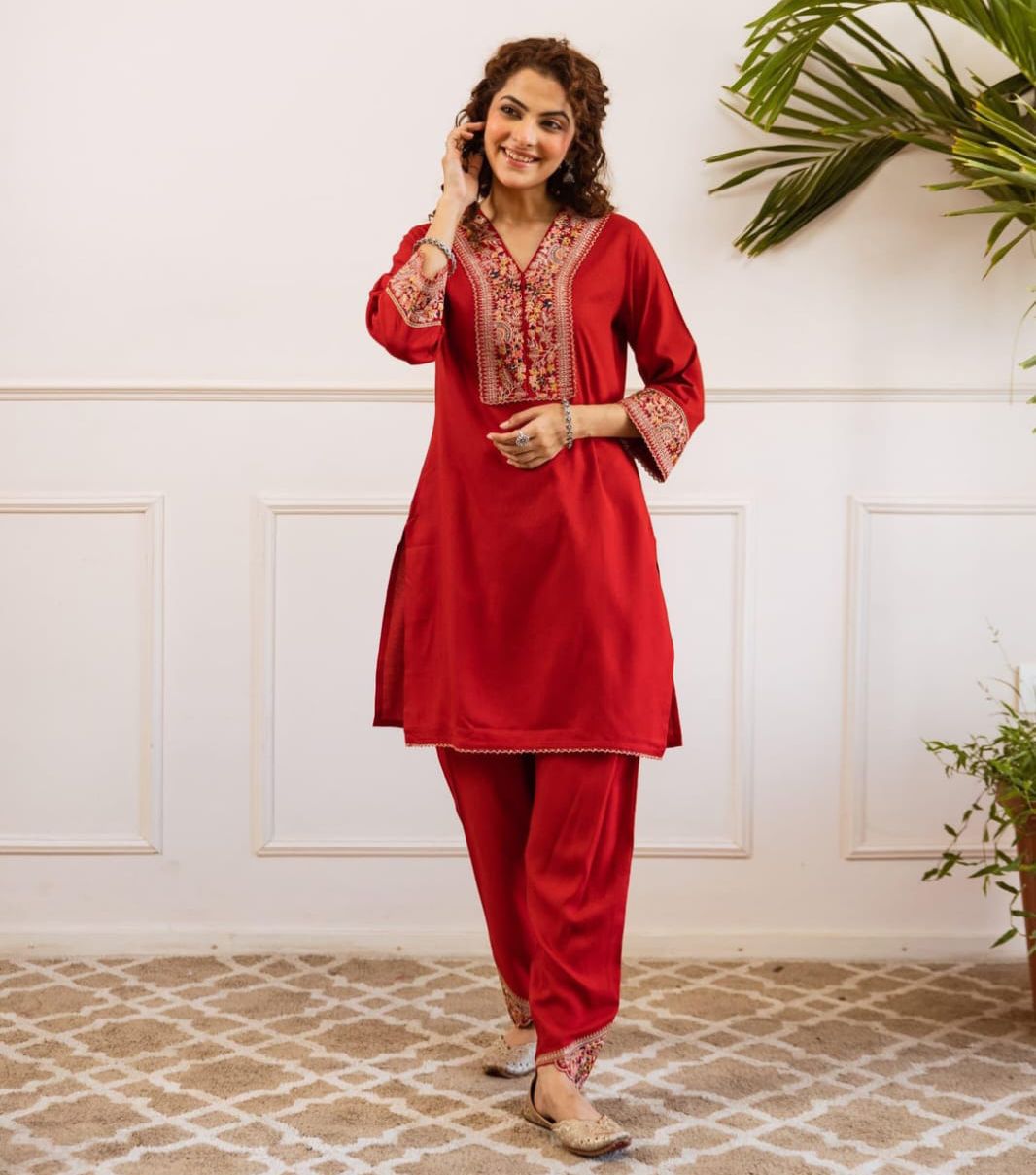 Red Embroidered Kurta Set Crafted From Soft german Reyon Fabric
