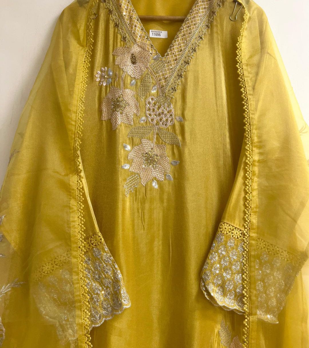 Yellow Tissue Shimmer Silk Semi Stitched Hand Embroidered -Set Of 3-