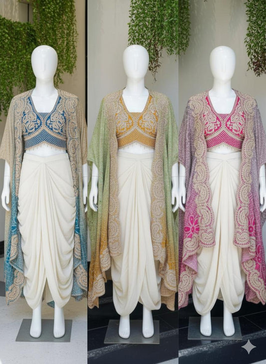 Pink Banglory Silk Embroidey Work Blouse With White Chinon Silk Dhoti