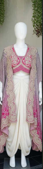 Pink Banglory Silk Embroidey Work Blouse With White Chinon Silk Dhoti