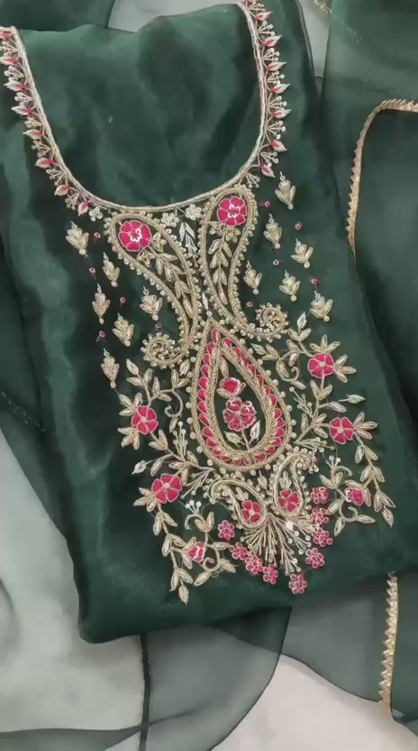 Organza Blue Orange Green handwork unstitched suit set