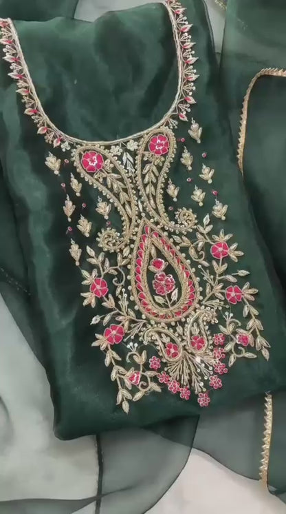 Organza Blue Orange Green handwork unstitched suit set
