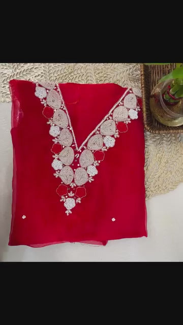 Navy Beige Red Blue Organza with pearl work